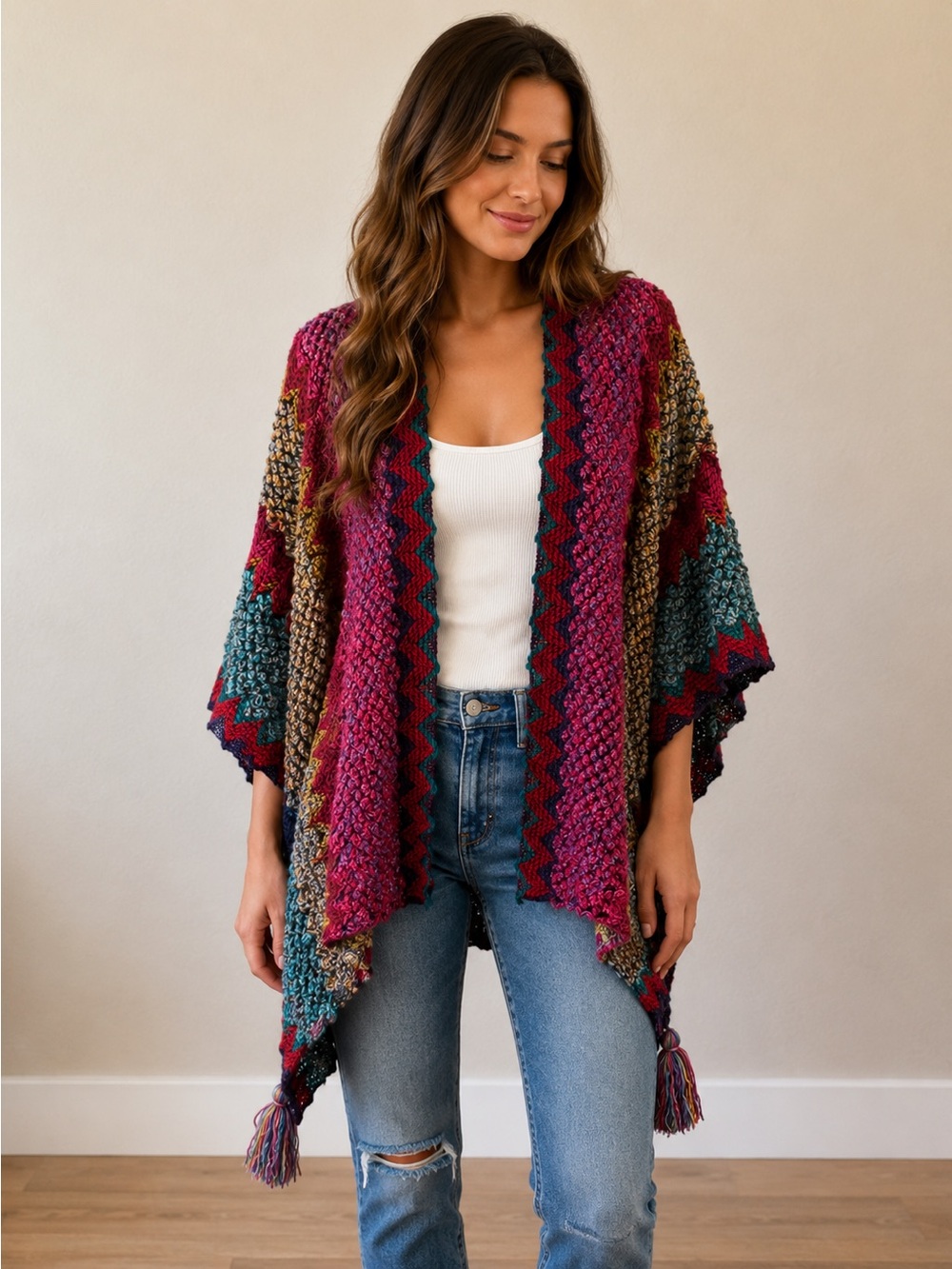 Natural Life Bohemian Chevron Crochet Knit Ruana Poncho Wrap Colorful Tassels